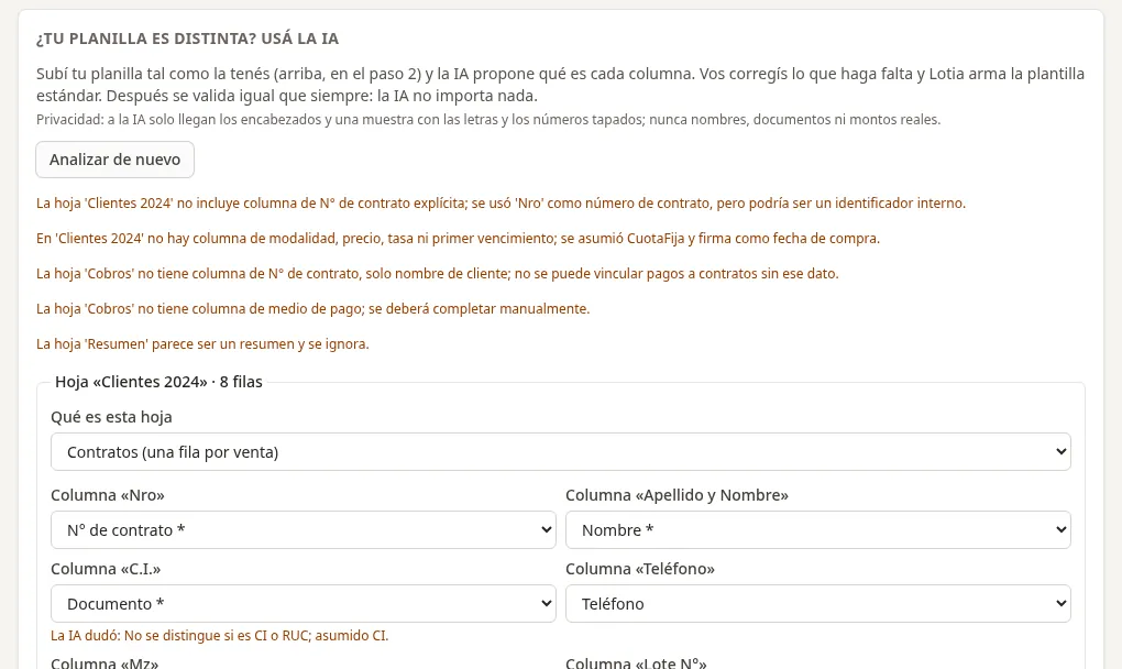 La importación de Lotia con una planilla de otro formato: la IA propone qué campo es cada columna, avisa de lo que falta y marca sus dudas para que la persona corrija.